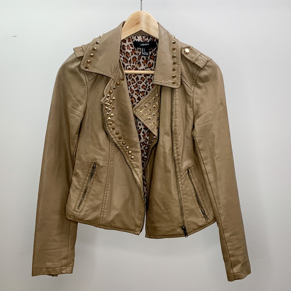 forever 21 // gold studded tan faux leather jacket